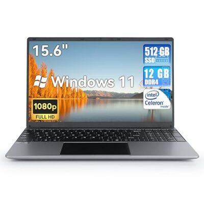 UGRIHACH 15.6" Laptop Computer Intel Celeron N5095 12GB RAM 512GB SSD Full HD 1080P Display Silver