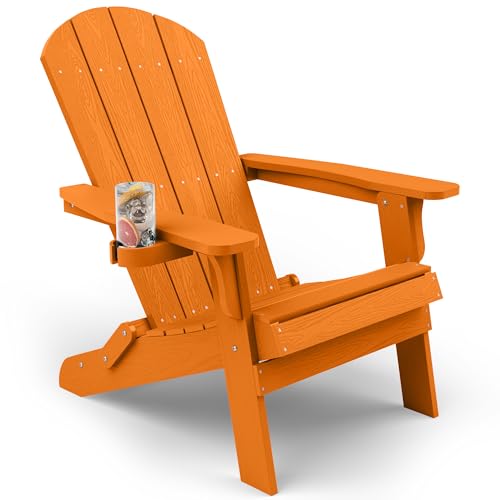 YEFU Oversized Folding Adirondack Chair with Cup Holder, Weather Resistant, 400 lbs Capacity – Tangerine