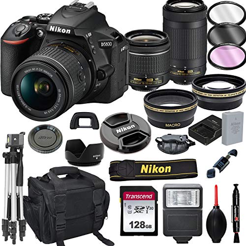 AONELAS Nikon D5600 DSLR Camera 18-55mm & 70-300mm Lenses 128GB Card Tripod Bundle Black