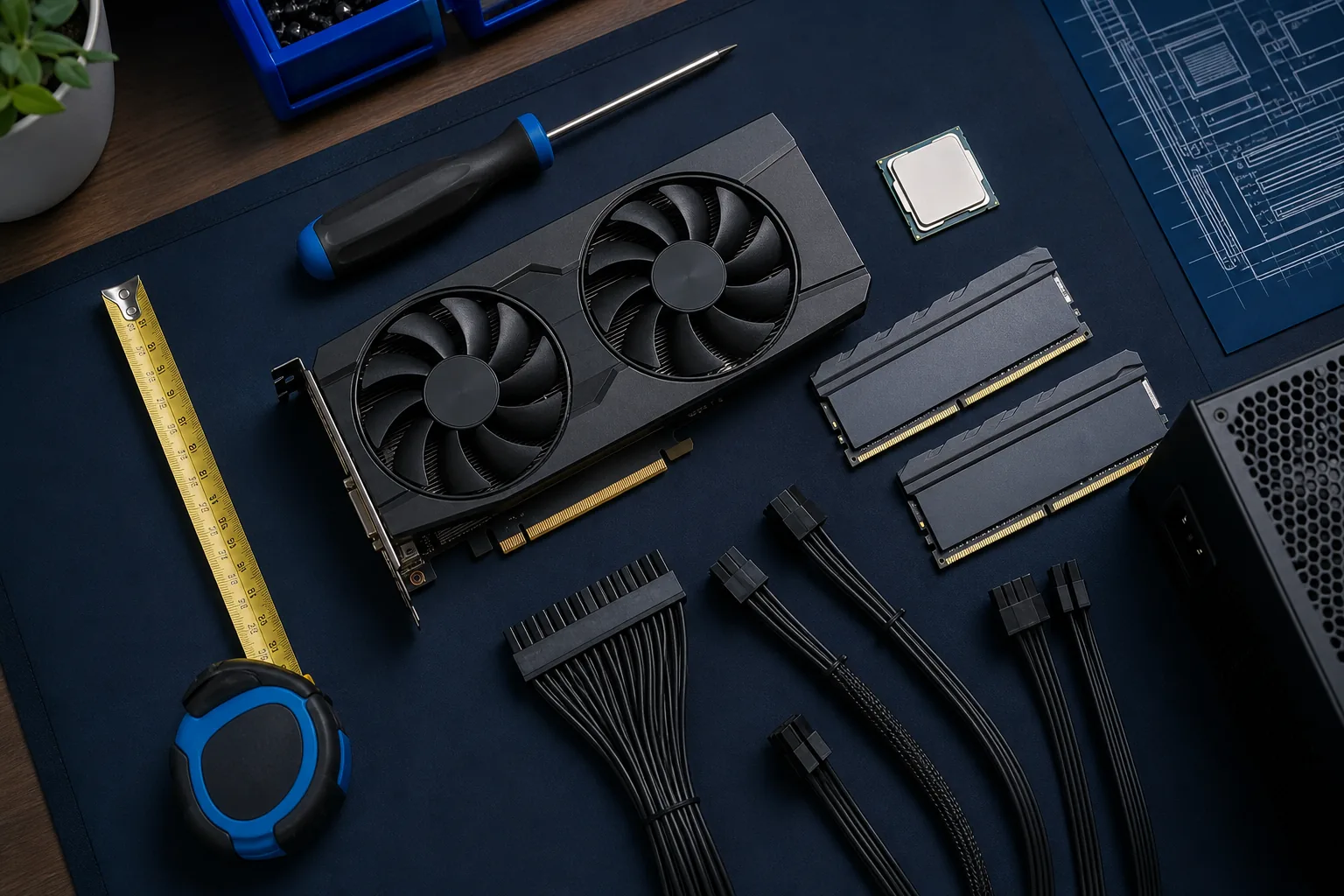 Graphics card, processor, memory, power cables and measuring tools on a PC workbench