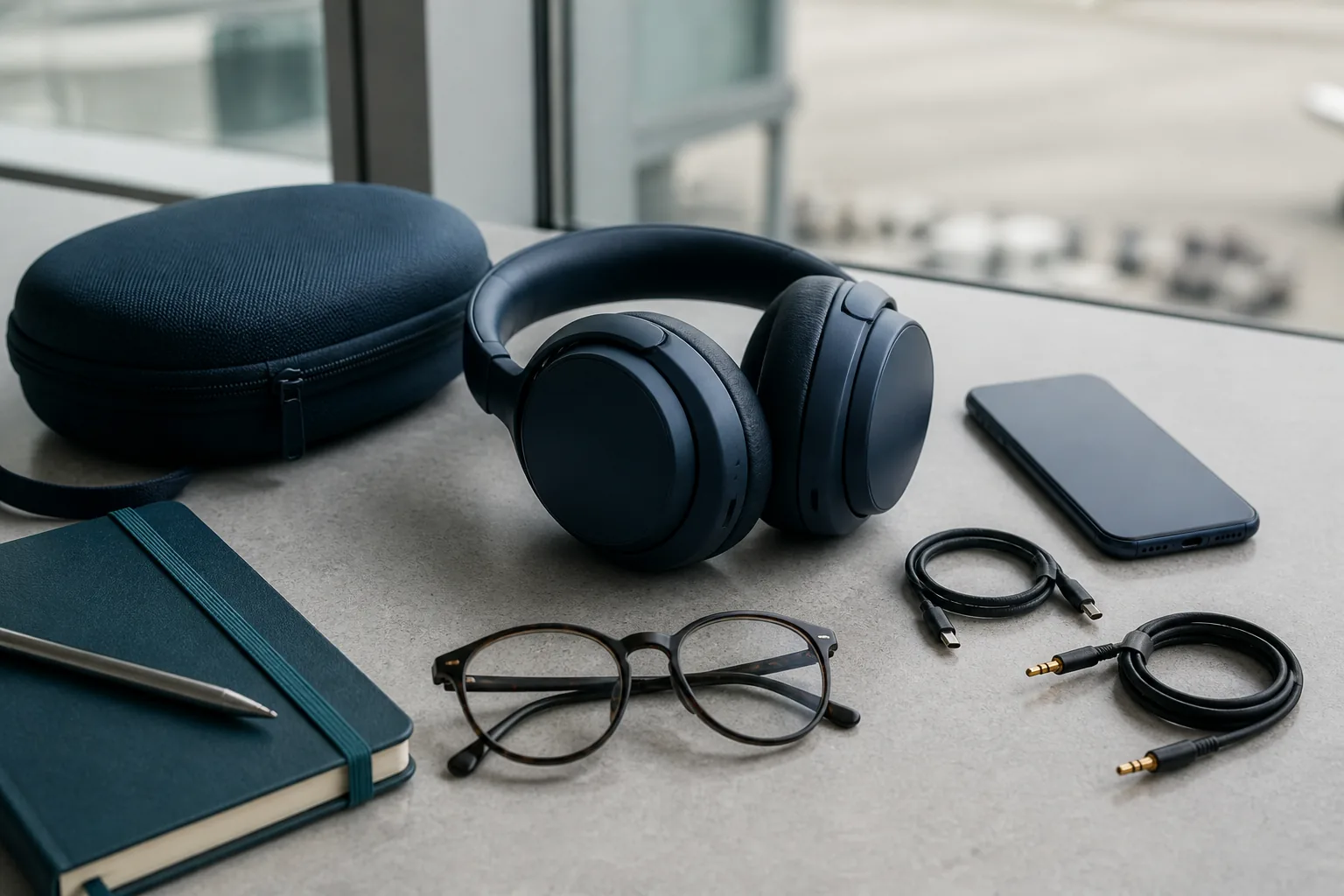 Over-ear headphones, glasses, case and wired connection options on a travel table
