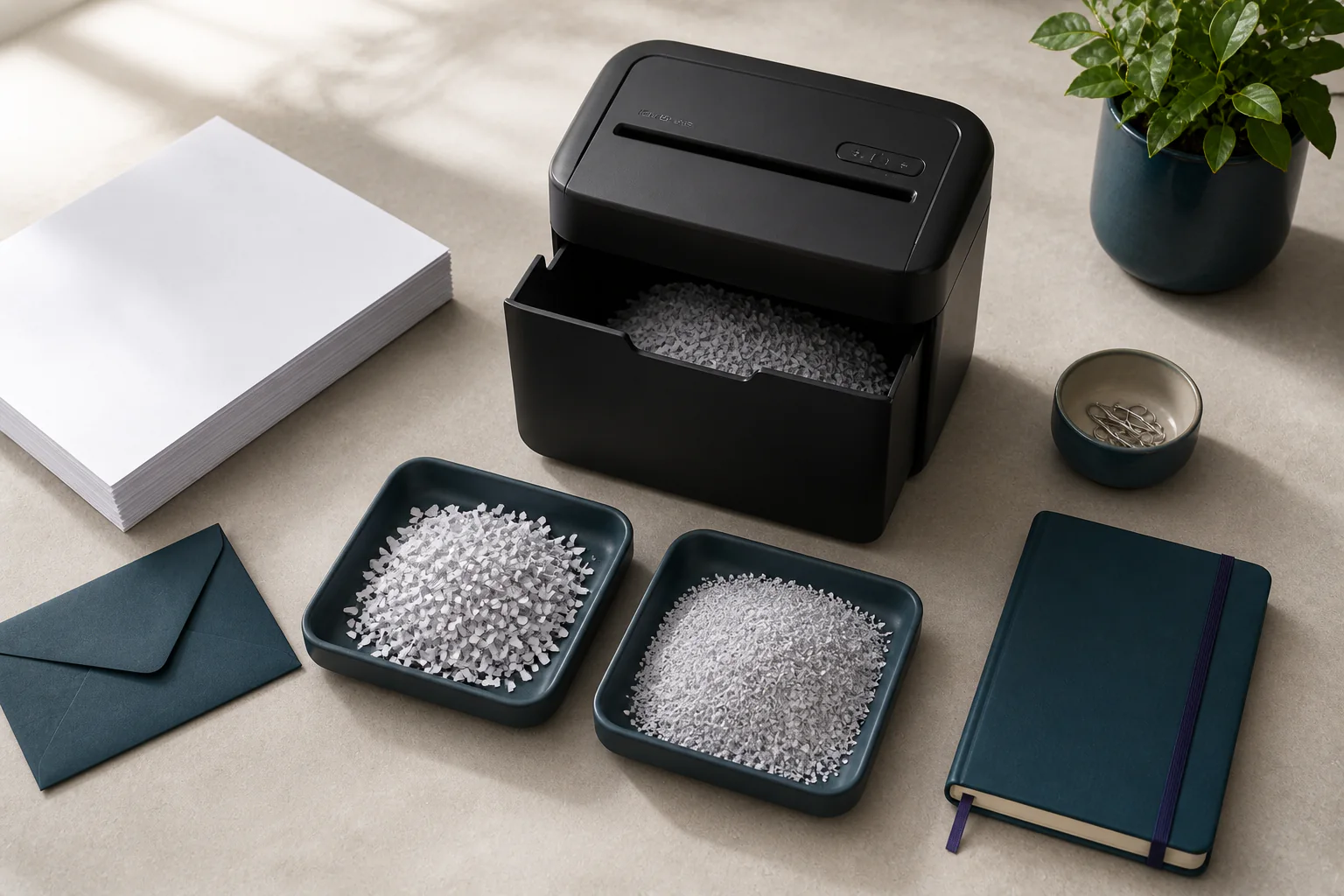 P-4 cross-cut and P-5 micro-cut paper particles compared beside confidential office documents