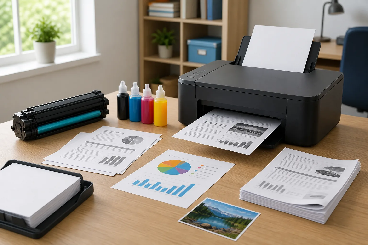 Home-office printer, ink bottles, toner and several types of printed output