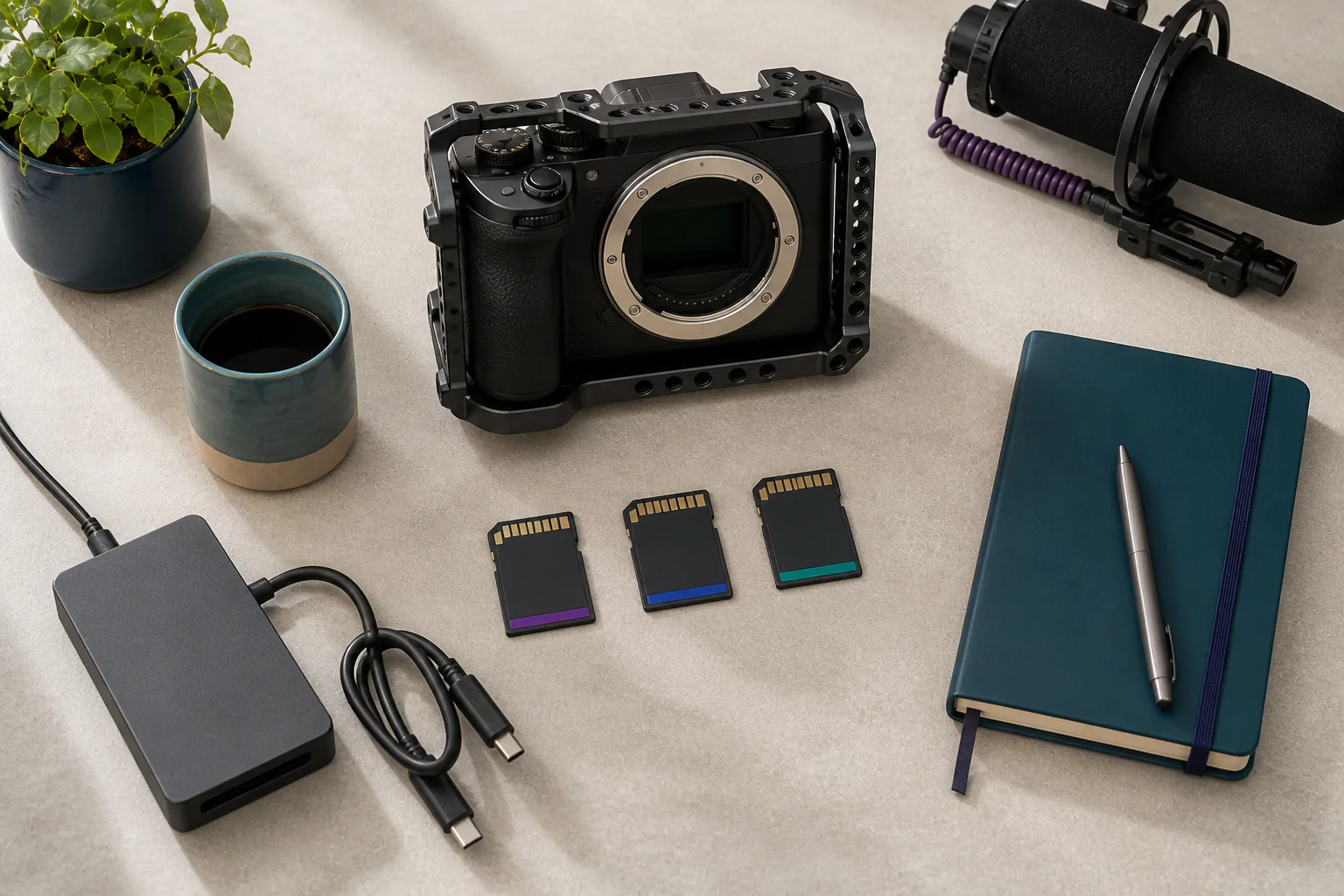 Three SD memory cards beside a mirrorless video camera, card reader and notebook